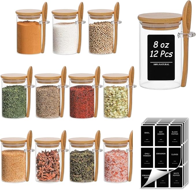 ComSaf 12 Pcs Glass Spice Jars and Spoons, 8oz Glass Containers by ComSaf