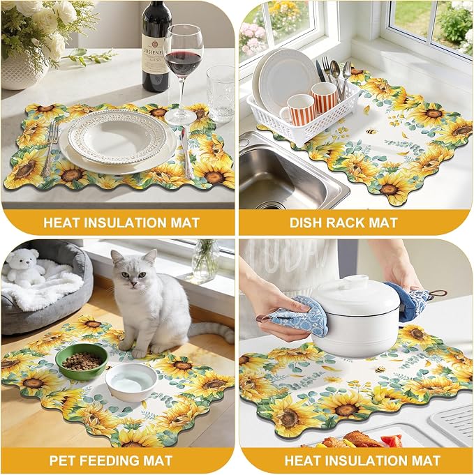 LOKHOM Scalloped Floral Dish Drying Mat, Cuttable Hide Stain Non-slip Drying Mat - Image 7