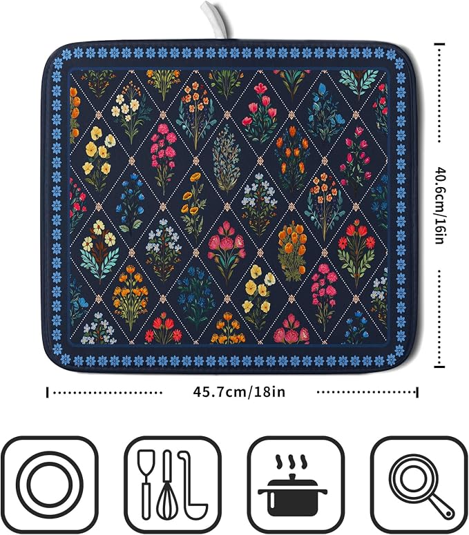 Lapis Blue Dish Drying Mat for Kitchen Counter Flowers Microfiber Absorbent - Image 2