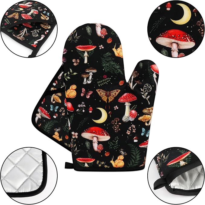 Mushroom Oven Mitts and Pot Holders Sets Cute Oven Gloves Heat Resistant 4 Pcs - Image 3