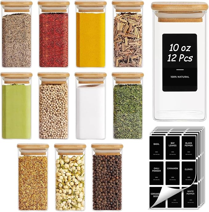 ComSaf 12Pcs Spice Jars with Labels, Glass Jar with Bamboo Lid, 10oz Airtight by ComSaf