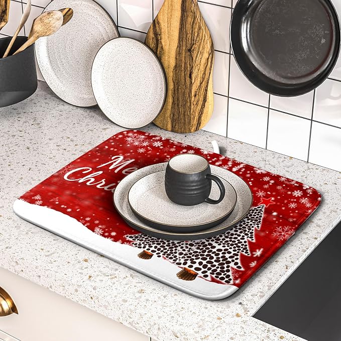 Merry Christmas Tree Red Dish Drying Mat - Image 5