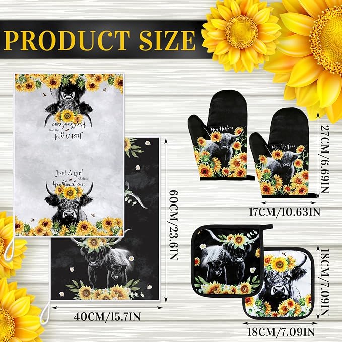 Leinuosen 6 Sunflower Cow Kitchen Towels Kitchen Decor and Accessories Set - Image 3