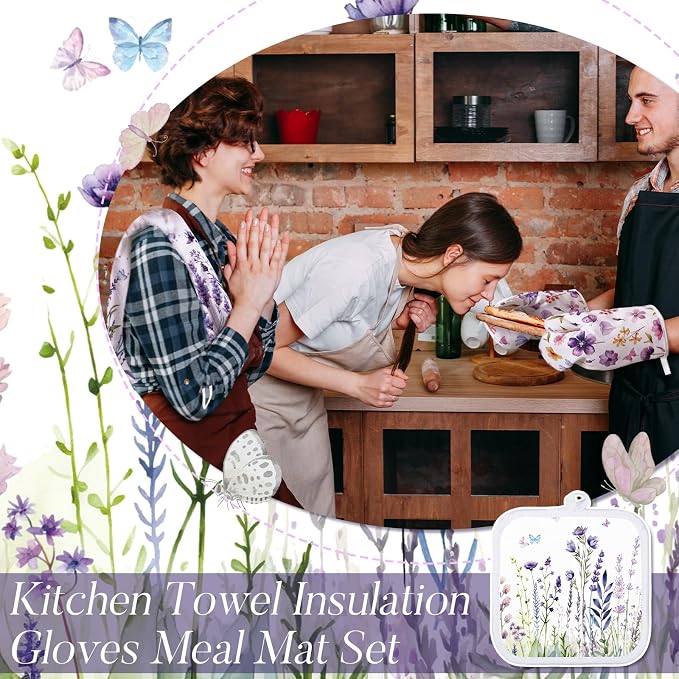 Spring Lavender Oven Mitts and Pot Holders Kitchen Dish Towels Set Purple - Image 5