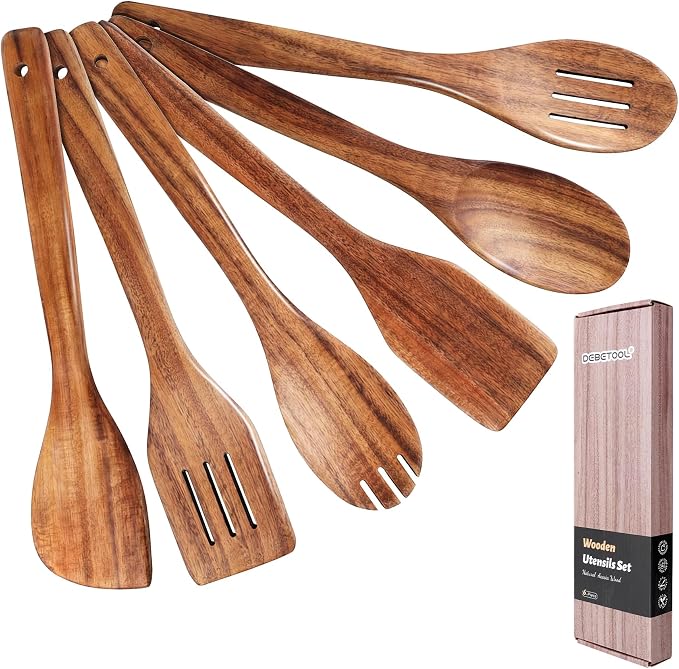 DEBETOOL 6-Piece Acacia Cooking Utensils- Natural Wooden Cooking Spoons by DEBETOOL