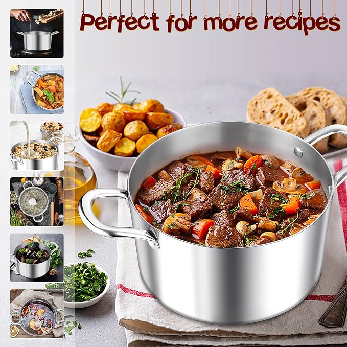E-far 8 Quart Stock Pot with Lid, 18/10 Tri-ply Stainless Steel Stockpot - Image 5