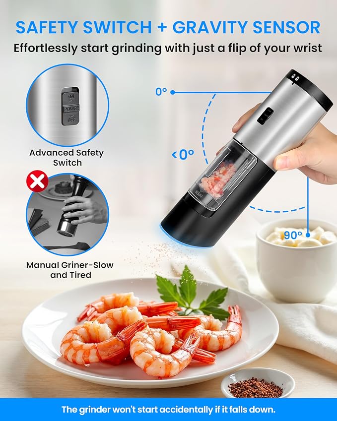 Gravity Electric Pepper and Salt Grinder Set of 2 Pack, One Hand Automatic - Image 3