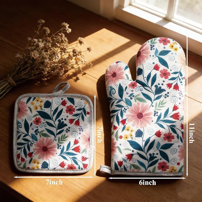 Floral Oven Mitts and Pot Holders Sets 2 Pcs, Canvas Heat Resistant Kitchen - Image 4