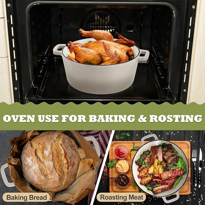 P&P CHEF 5Qt Dutch Oven Pot for Bread Baking, 2 In 1 Round Cast Iron Dutch Oven - Image 7