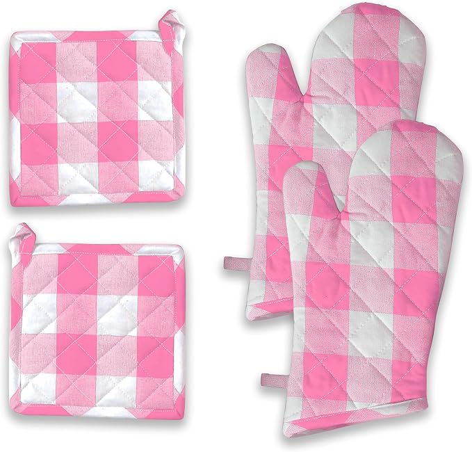 Buffalo Plaid Check Oven Mitts and Pot Holders Set, 100% Cotton, Heat Resistant by SoftopiaCotton
