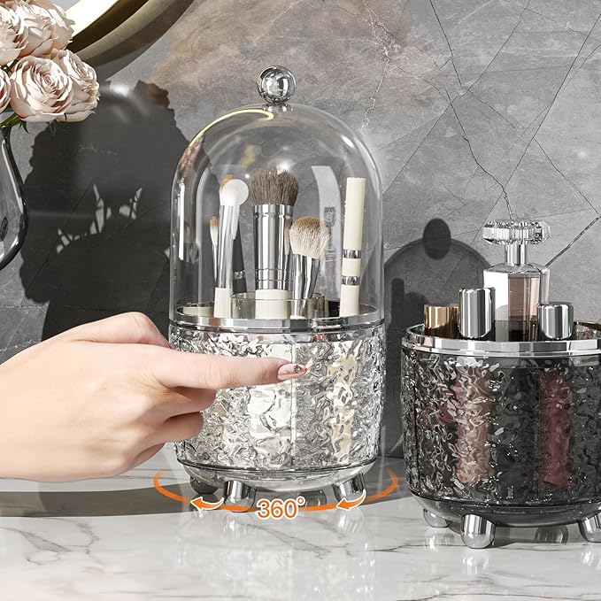 Makeup Brush Holder with Lid, 360° Rotating Cosmetic Tools Organizer with Cover - Image 2