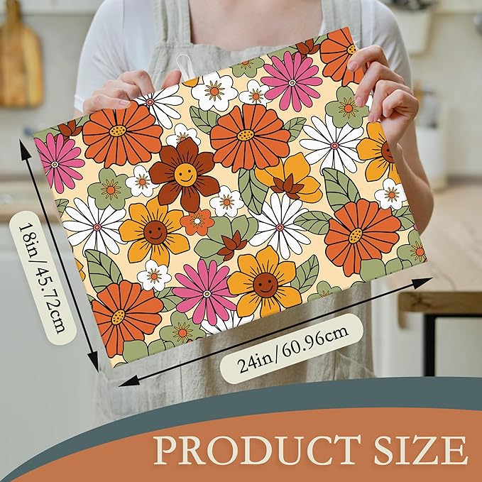 Retro 70s Groovy Flowers Dish Drying Mats 18x24 Inch, Daisy Boho Dish Pad - Image 2