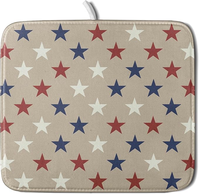 Patriotic July of 4th Blue Red White Star Dish Drying Mat by Aytipun