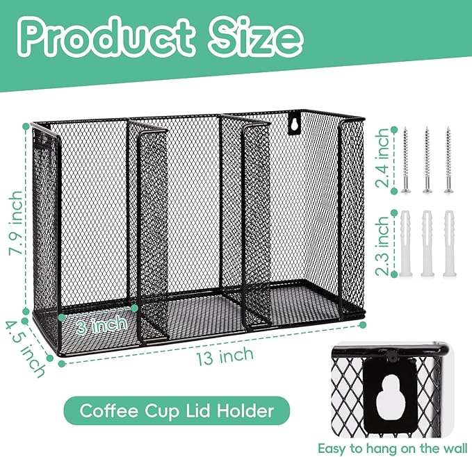 Wall Mount Coffee Cup Lid Holder Organizer 3 Compartments Coffee Cup Lid - Image 2