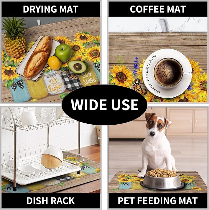Sunflower Dish Drying Mat for Kitchen 16x18 Inch Counter Rustic Vintage Floral - Image 7