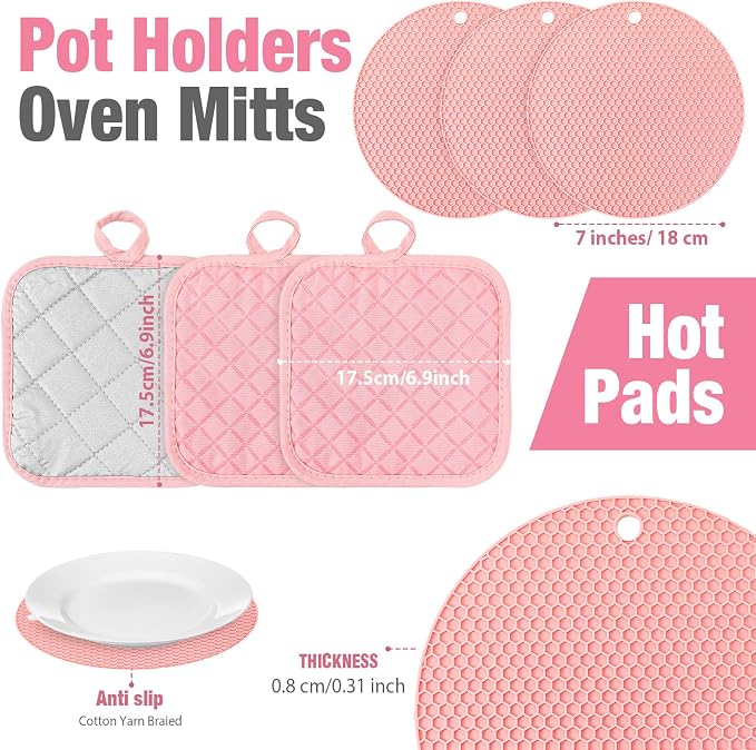 Sumind Pink Oven Mitts and Pot Holders 7 Sets, Heat Resistant Kitchen Gloves - Image 2