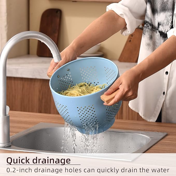 Metal Colander with Wood Handle and Stable Base, Powder Coated Steel Kitchen - Image 3
