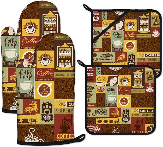 Coffee Theme Oven Mitts and Pot Holders Sets Heat Resistant 4Pcs Potholders by ANTJOO