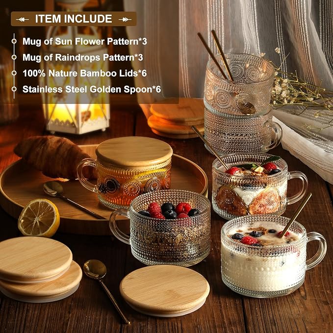 LANDNEOO 6 Pack 14oz Vintage Glass Coffee Mugs - Image 2