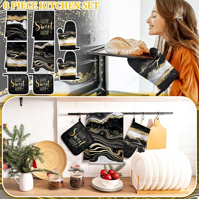 Leinuosen 8 Pcs Black Marble Kitchen Decor Dish Towels and Oven Mitts Sets Pot - Image 2