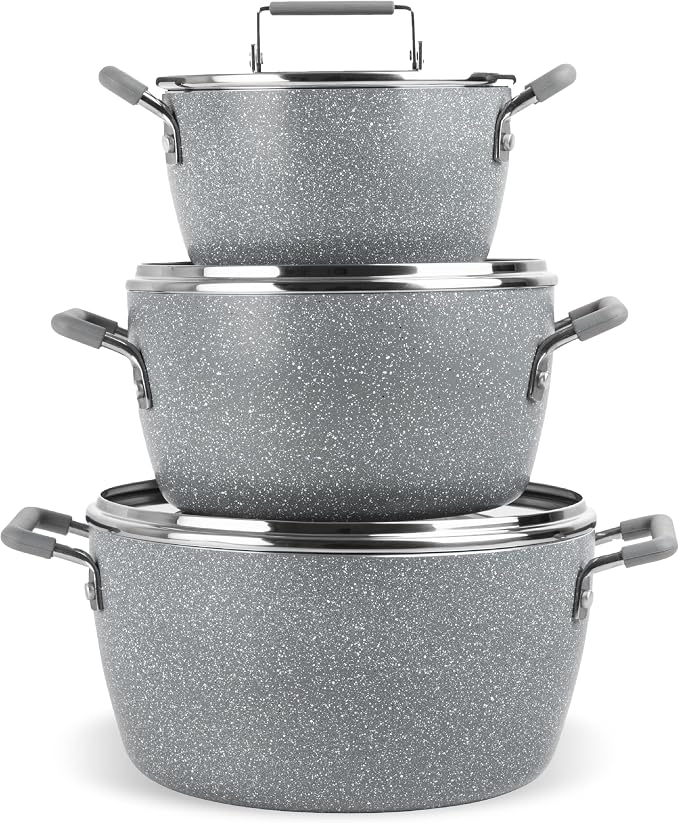 Granitestone Gray Pots and Pans Set Nonstick, 6 Stackable Piece Cooking Pots Set by Granitestone+