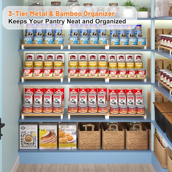Expandable Can Organizer for Pantry, 3-Tier Adjustable Bamboo & Iron Can Rack - Image 2