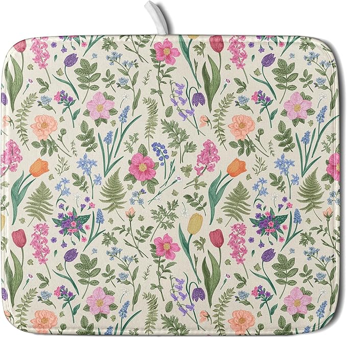 Spring Floral Dish Drying Mat for Kitchen Counter 16x18 Pink Sage Green Flower by Aytipun