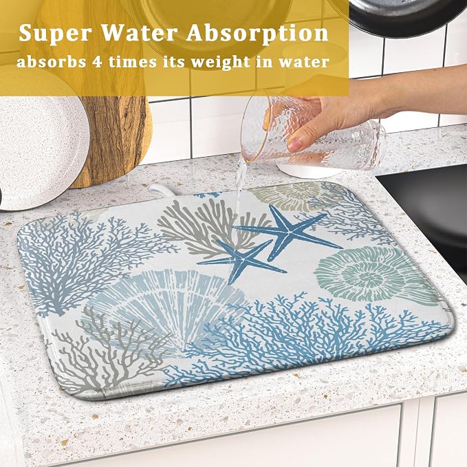 Nautical Dish Drying Mat for Kitchen Counter Coastal Seashell Starfish Summer - Image 7