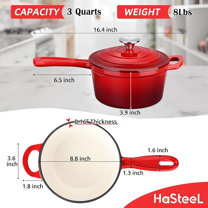 HaSteeL 3 QT Cast Iron Saucepan, Enamel dutch oven - Image 2