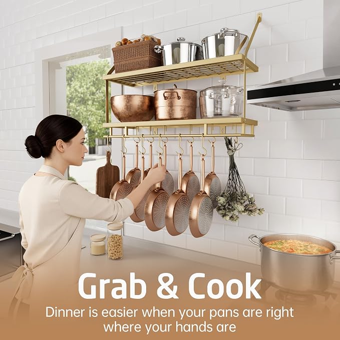 KES 30-Inch Gold Pot Rack Wall Mounted, 2-Tier Hanging Pot and Pan Organizer - Image 7