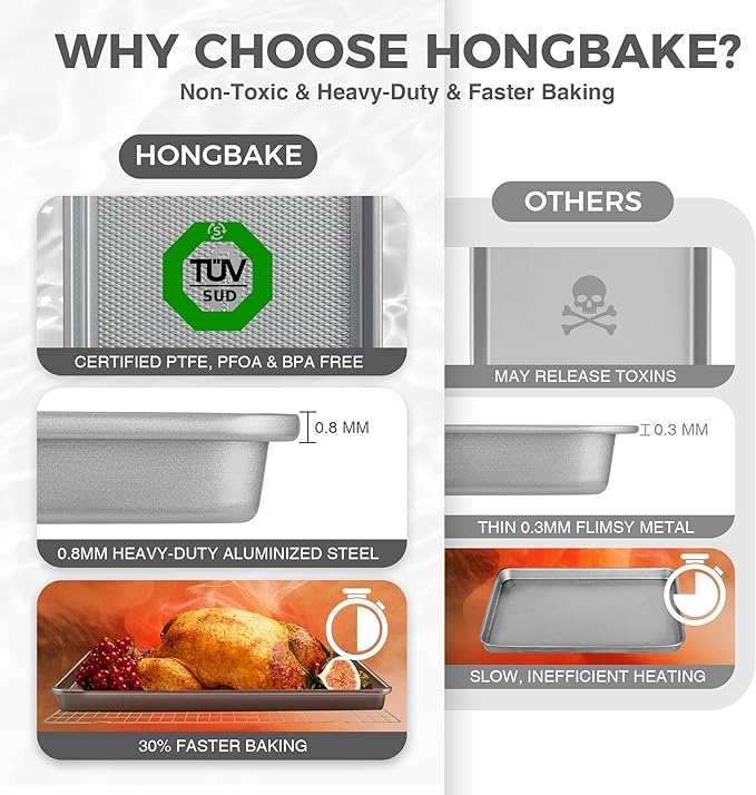 HONGBAKE Naturally Non Toxic Baking Sheet Pan Set of 3, Heavy Duty Aluminized - Image 5