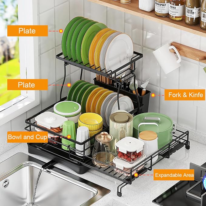 Over The Sink Large 2 Tier Dish Drying Rack Expandable, Dish Drainers - Image 5