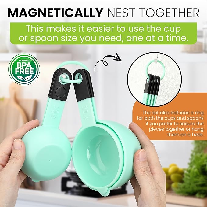Spring Chef Mint Magnetic Measuring Cups and Spoons Set of 9, Stackable Plastic - Image 2