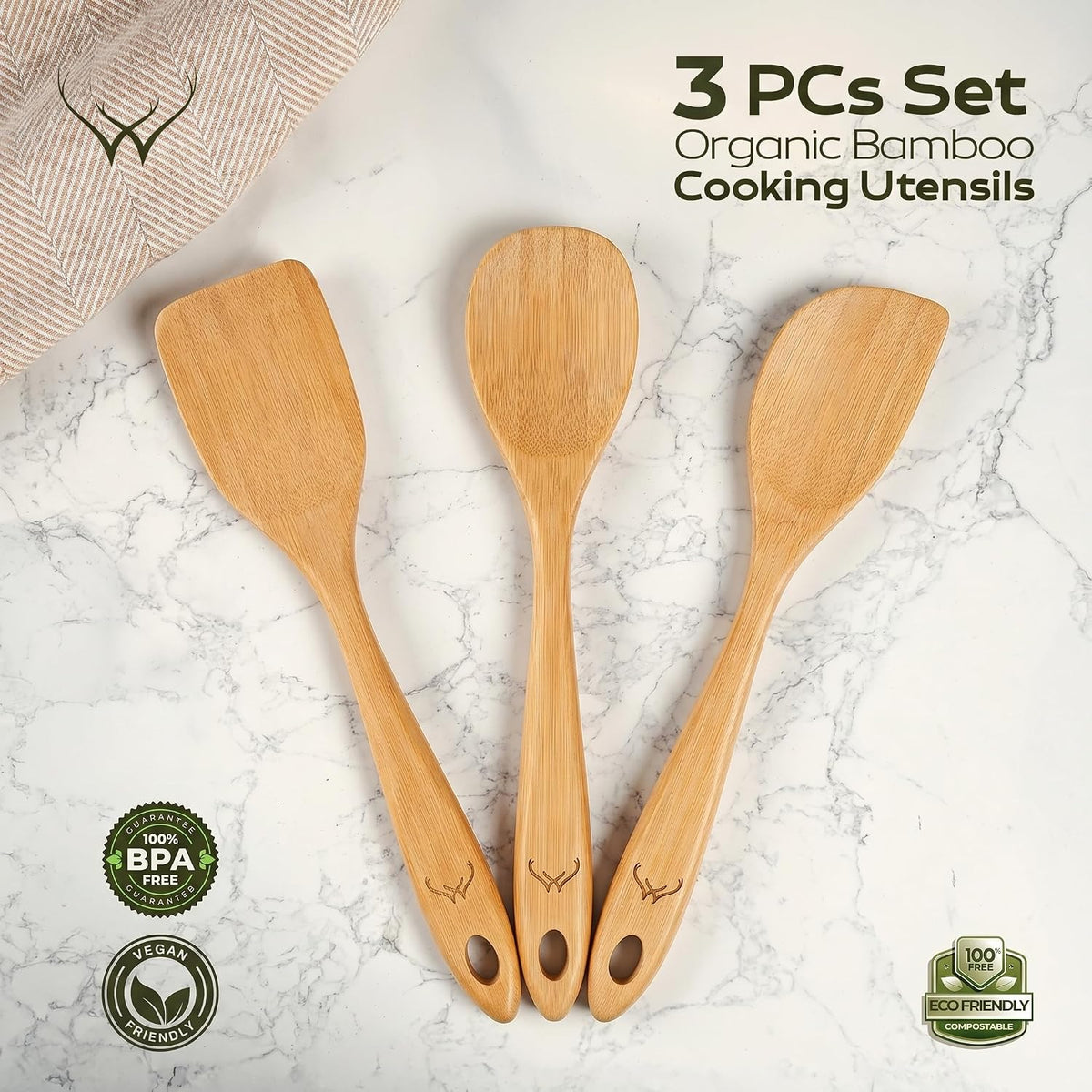 Prime Bamboo Wooden Spoons for Cooking Set of 3 Pcs – Wooden Cooking