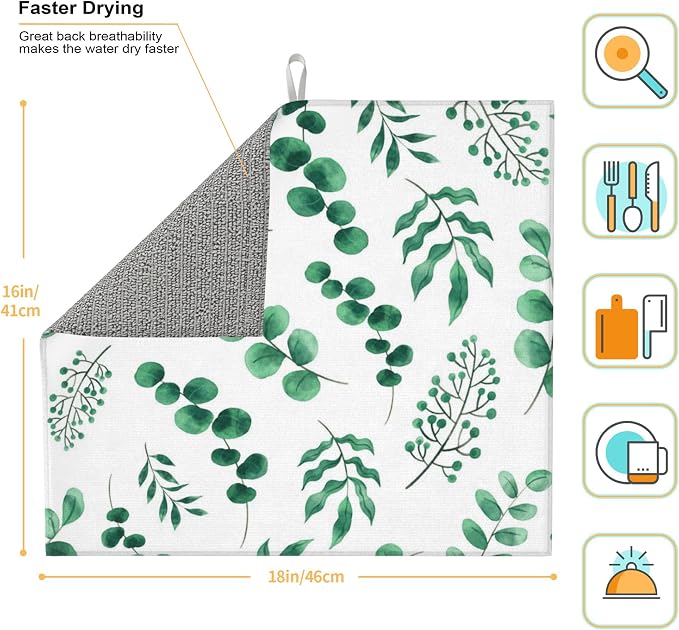 Watercolor Plant Green Leaves Dish Drying Mat - Image 2