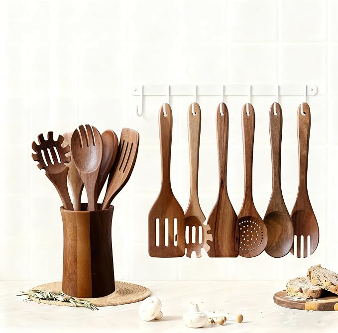7 Piece Natural Acacia Wooden Kitchen Utensil Set - Image 4