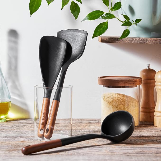 Staub Silicone with Wood Handle Cooking Utensil Set, Matte Black - Image 2