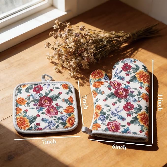 Floral Oven Mitts and Pot Holders Sets 2 Pcs, Canvas Heat Resistant Kitchen - Image 2