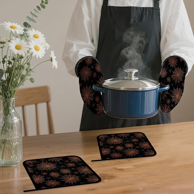 Halloween Oven Mitts and Pot Holders Set, Spider Web Kitchen Decor Heat - Image 7