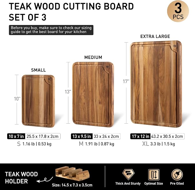3 Pack Teak Wood Cutting Board Set - Image 3