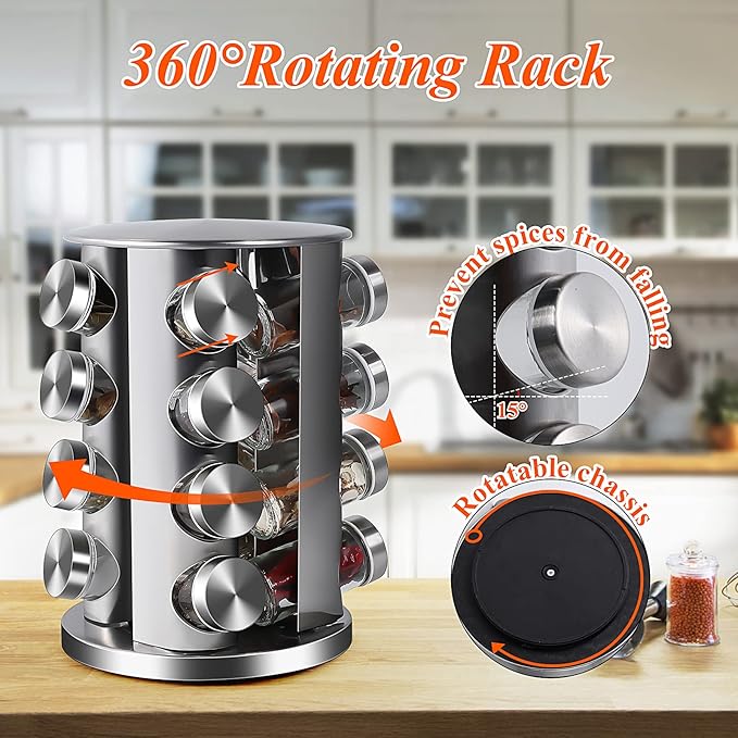 DOUBLE 2 C Revolving Countertop Spice Rack Stainless Steel Seasoning Storage - Image 3