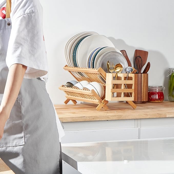 NOVAYEAH Bamboo Dish Drying Rack-2 Tier, Collapsible Small Dish Rack - Image 2