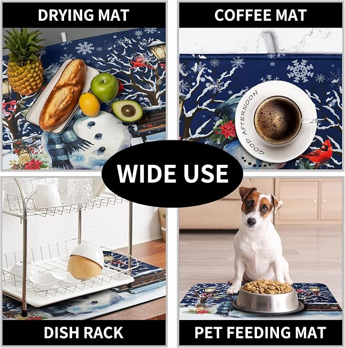 Winter Snowman Dish Drying Mat for Kitchen Counter 18x24, Xmas Snowflakes Dish - Image 7