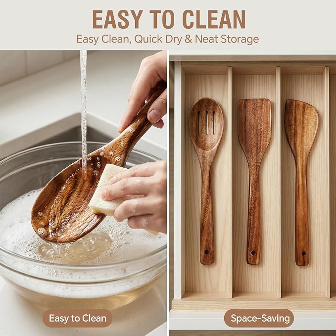 DEBETOOL 6-Piece Acacia Cooking Utensils- Natural Wooden Cooking Spoons - Image 5