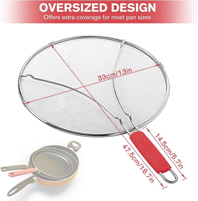 Splatter Screen for Frying Pan & Food Strainer, 13 Inch Stainless Steel Grease - Image 2