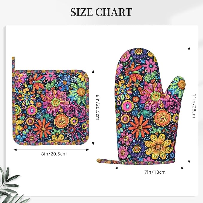 Oven Mitts and Pot Holders Set, Colorful Flower Art Silicone Kitchen - Image 3