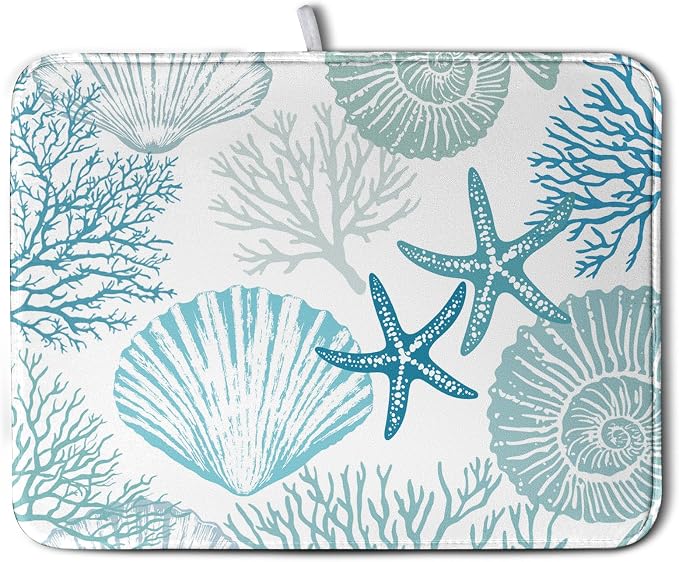 Summer Teal Dish Drying Mat for Kitchen Counter Nautical Coastal Blue Dishes by Kwlegh
