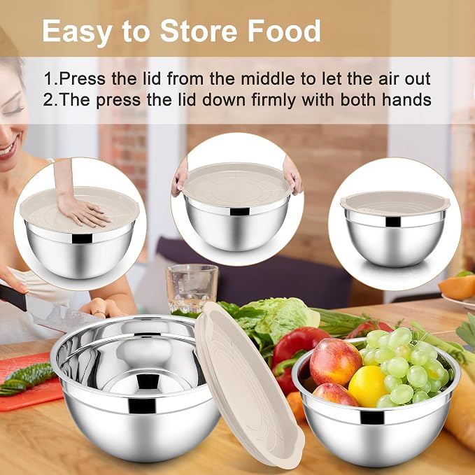 E-far Mixing Bowls with Lids, 6-Piece Stainless Steel Salad Bowls Metal Nesting - Image 7