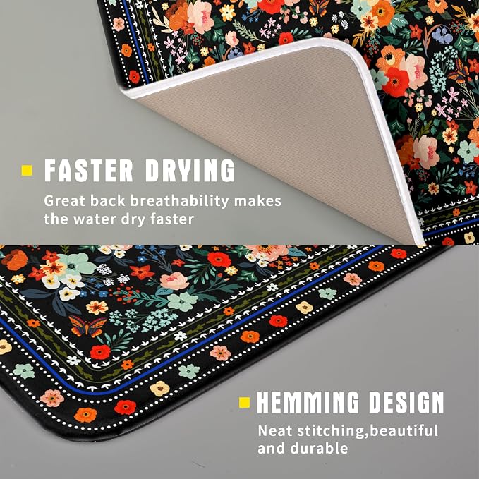 Black Flowers Dish Drying Pad Boho Floral Washable Microfiber Kitchen Mat - Image 3