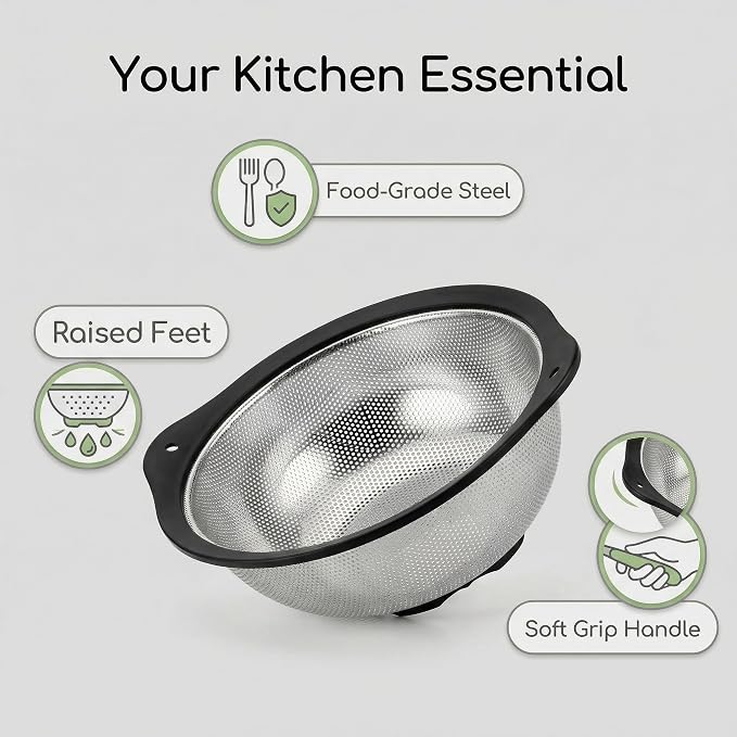 304 Stainless Steel Colander 3-Quart, Heavy Duty Metal Strainer - Image 2